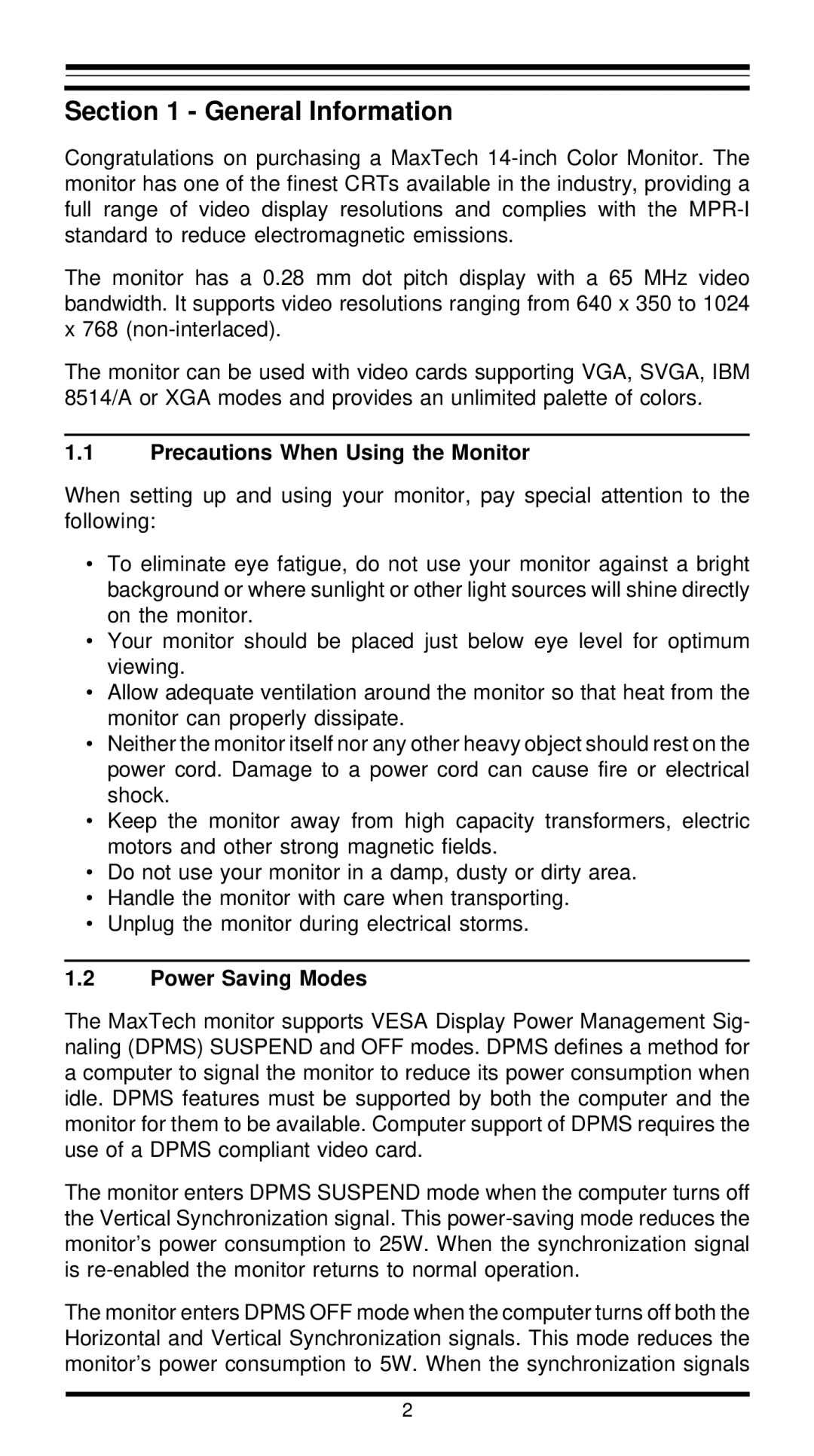 MaxTech XT4888 user manual General Information, Precautions When Using the Monitor, Power Saving Modes 