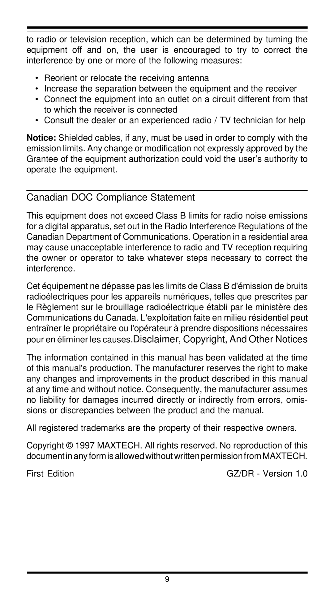 MaxTech XT5861 user manual Canadian DOC Compliance Statement 