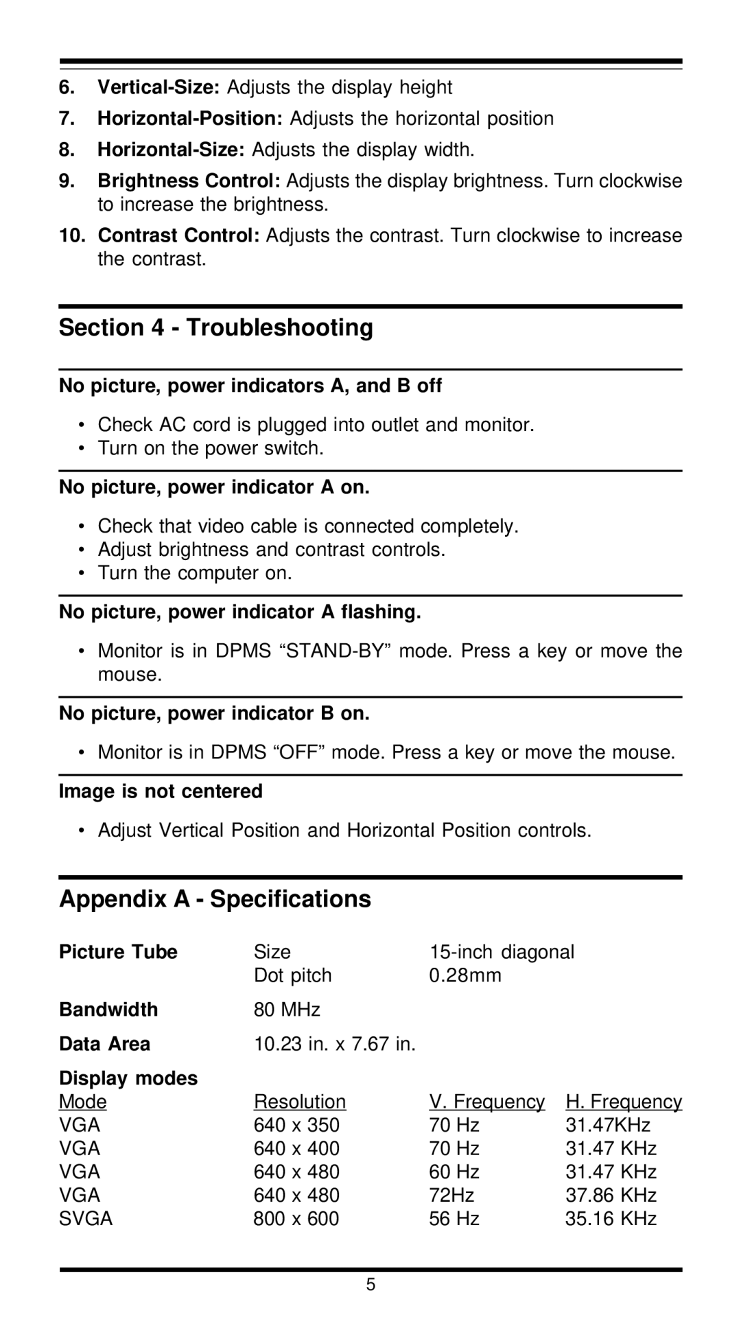 MaxTech XT5861 user manual Troubleshooting, Appendix a Specifications 