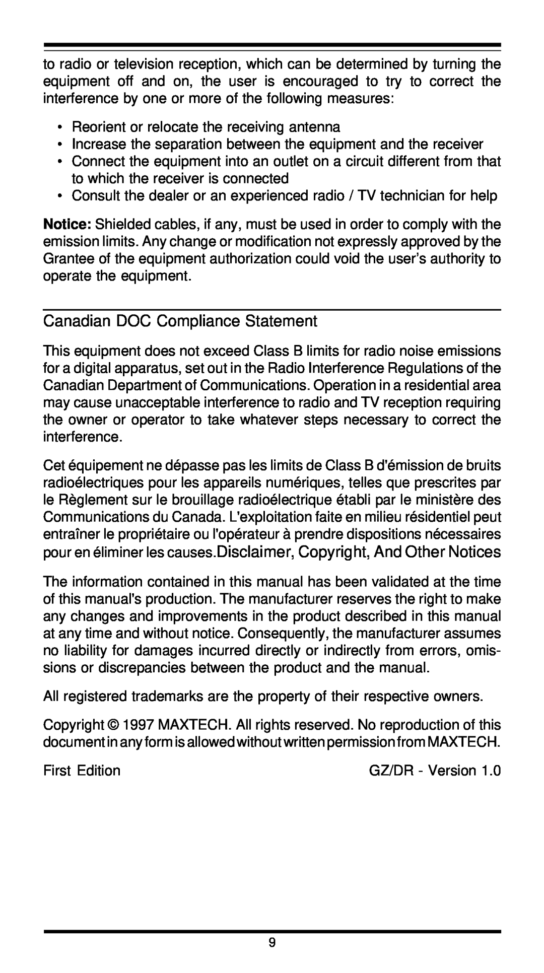 MaxTech XT5861 user manual Canadian DOC Compliance Statement 