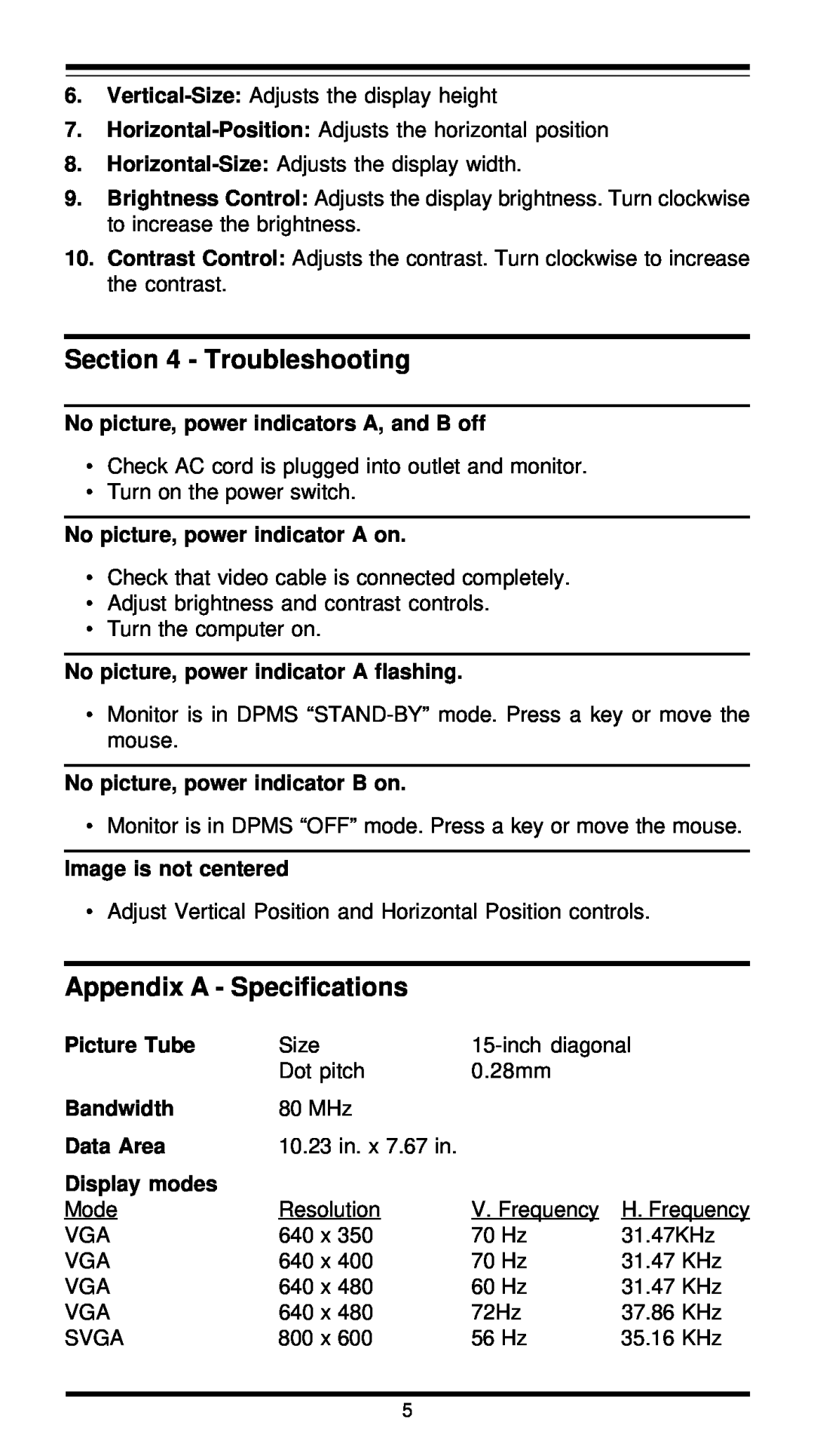 MaxTech XT5861 Troubleshooting, Appendix A - Specifications, No picture, power indicators A, and B off, Picture Tube 