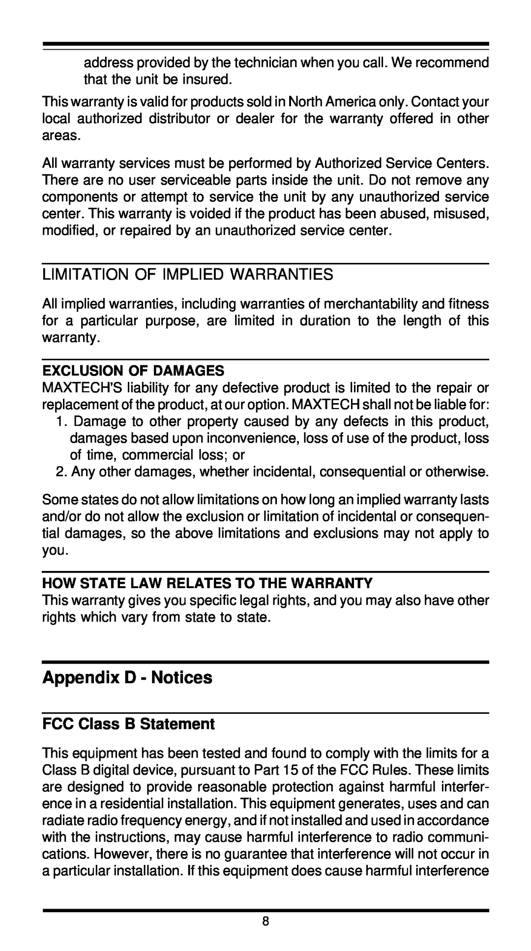 MaxTech XT5861 Appendix D - Notices, Limitation Of Implied Warranties, FCC Class B Statement, Exclusion Of Damages 