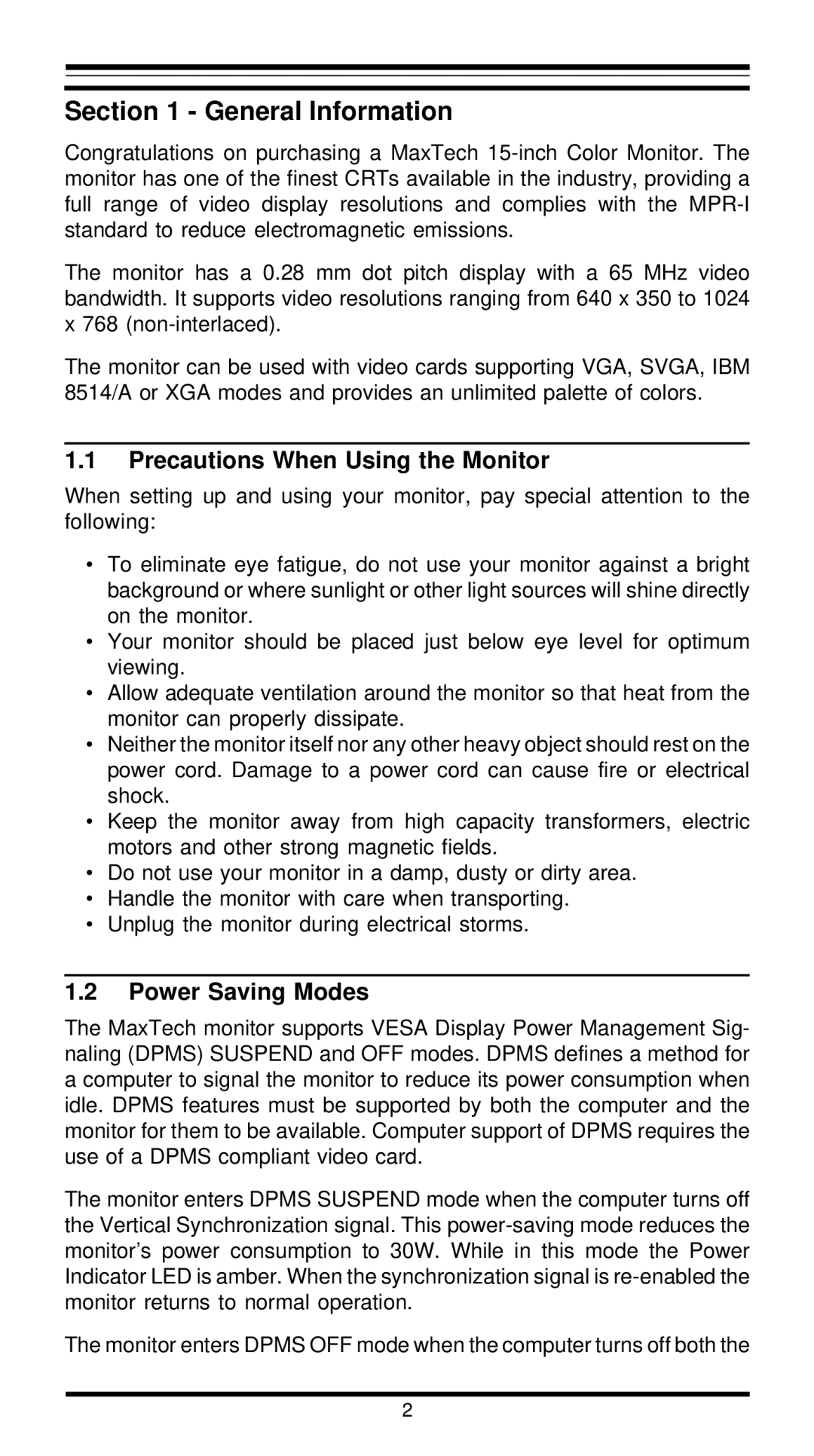 MaxTech XT5888 user manual General Information, Precautions When Using the Monitor, Power Saving Modes 