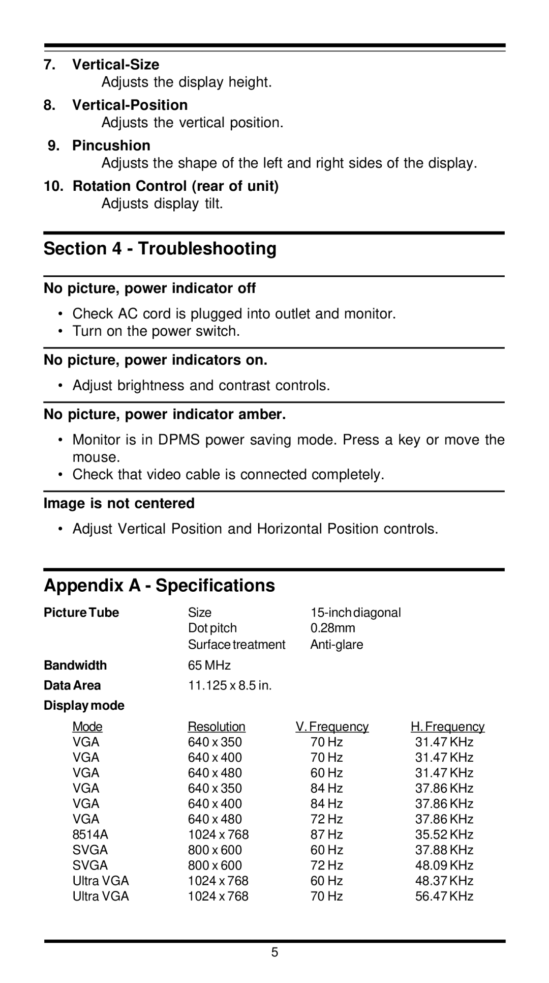 MaxTech XT5888 user manual Troubleshooting, Appendix a Specifications 