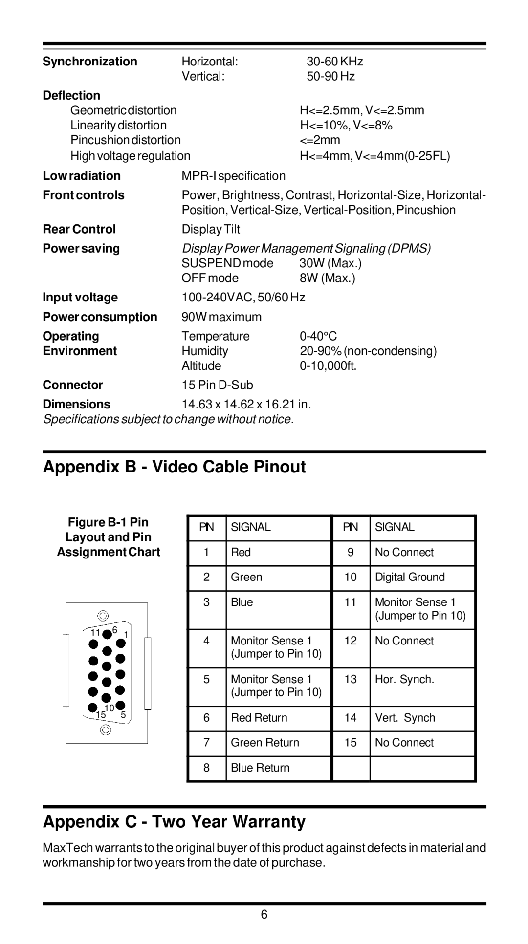 MaxTech XT5888 user manual Appendix B Video Cable Pinout, Appendix C Two Year Warranty 