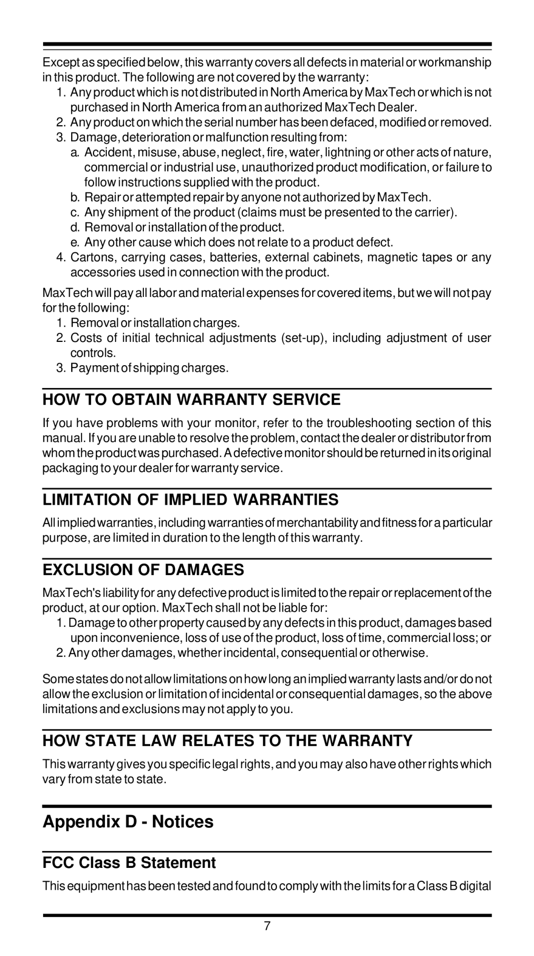 MaxTech XT5888 user manual Appendix D Notices, FCC Class B Statement 