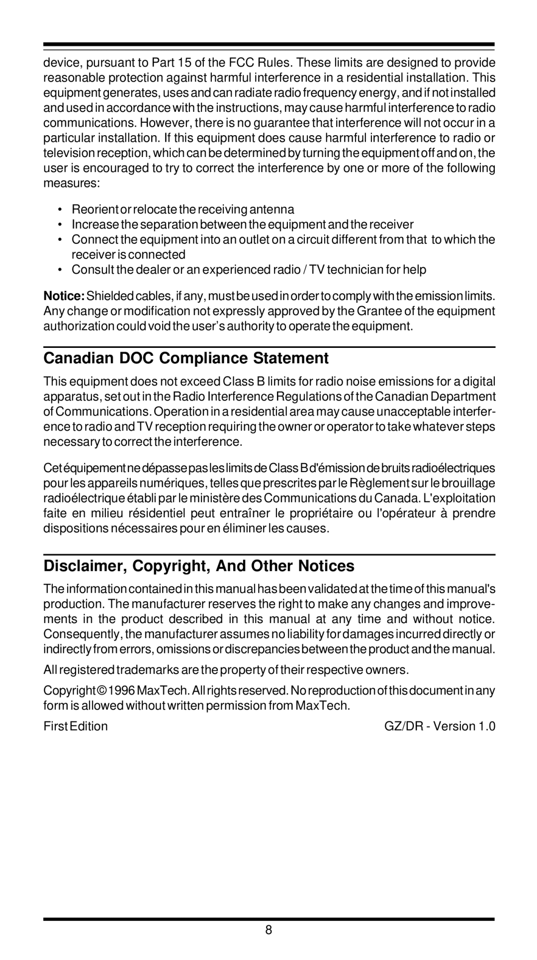 MaxTech XT5888 user manual Canadian DOC Compliance Statement, Disclaimer, Copyright, And Other Notices 