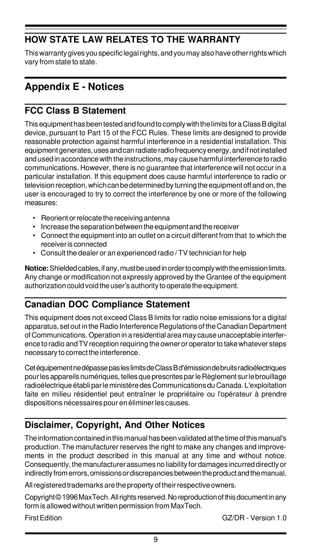 MaxTech XT5988 user manual Appendix E Notices, FCC Class B Statement, Canadian DOC Compliance Statement 