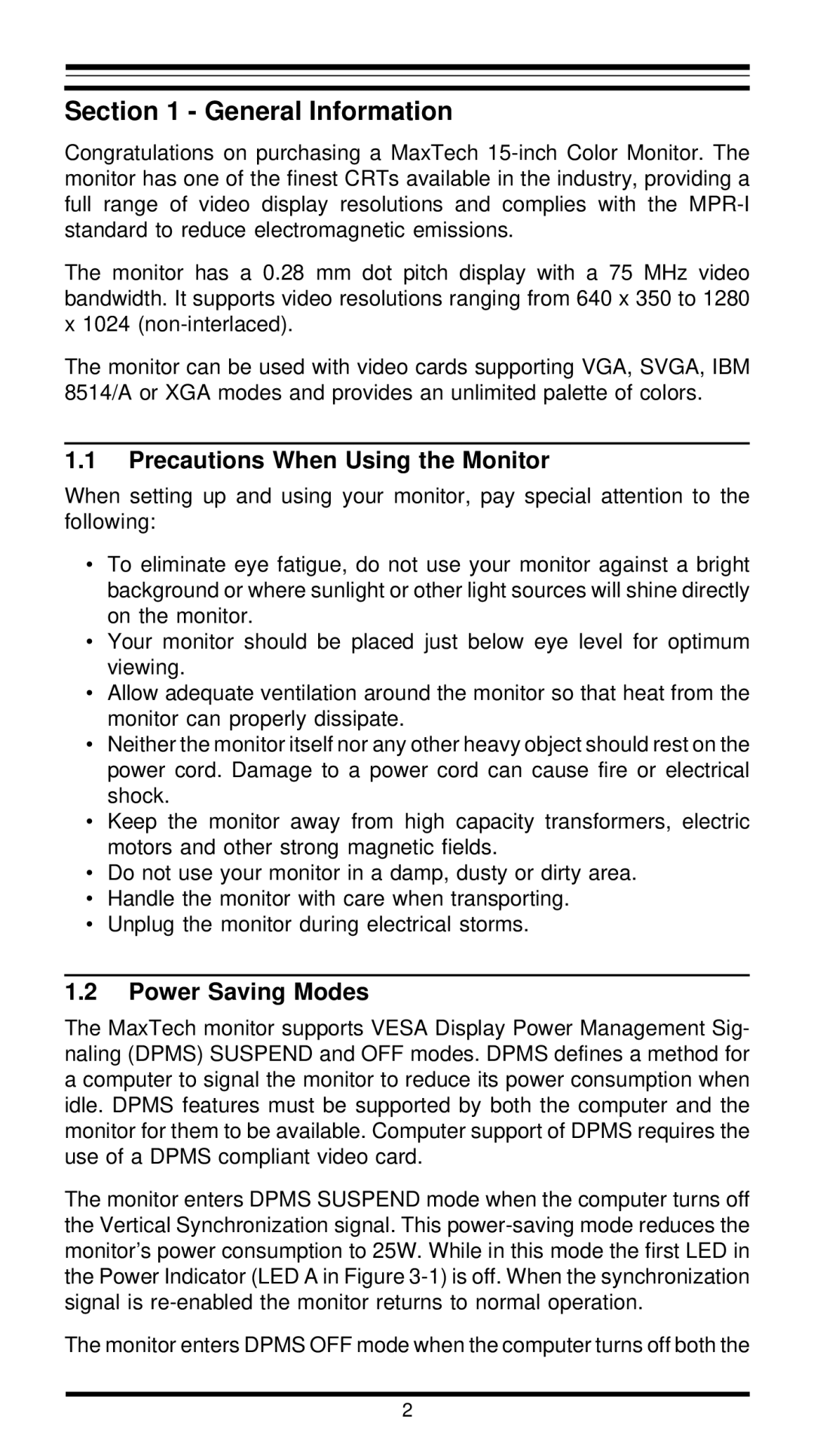 MaxTech XT5988 user manual General Information, Precautions When Using the Monitor, Power Saving Modes 