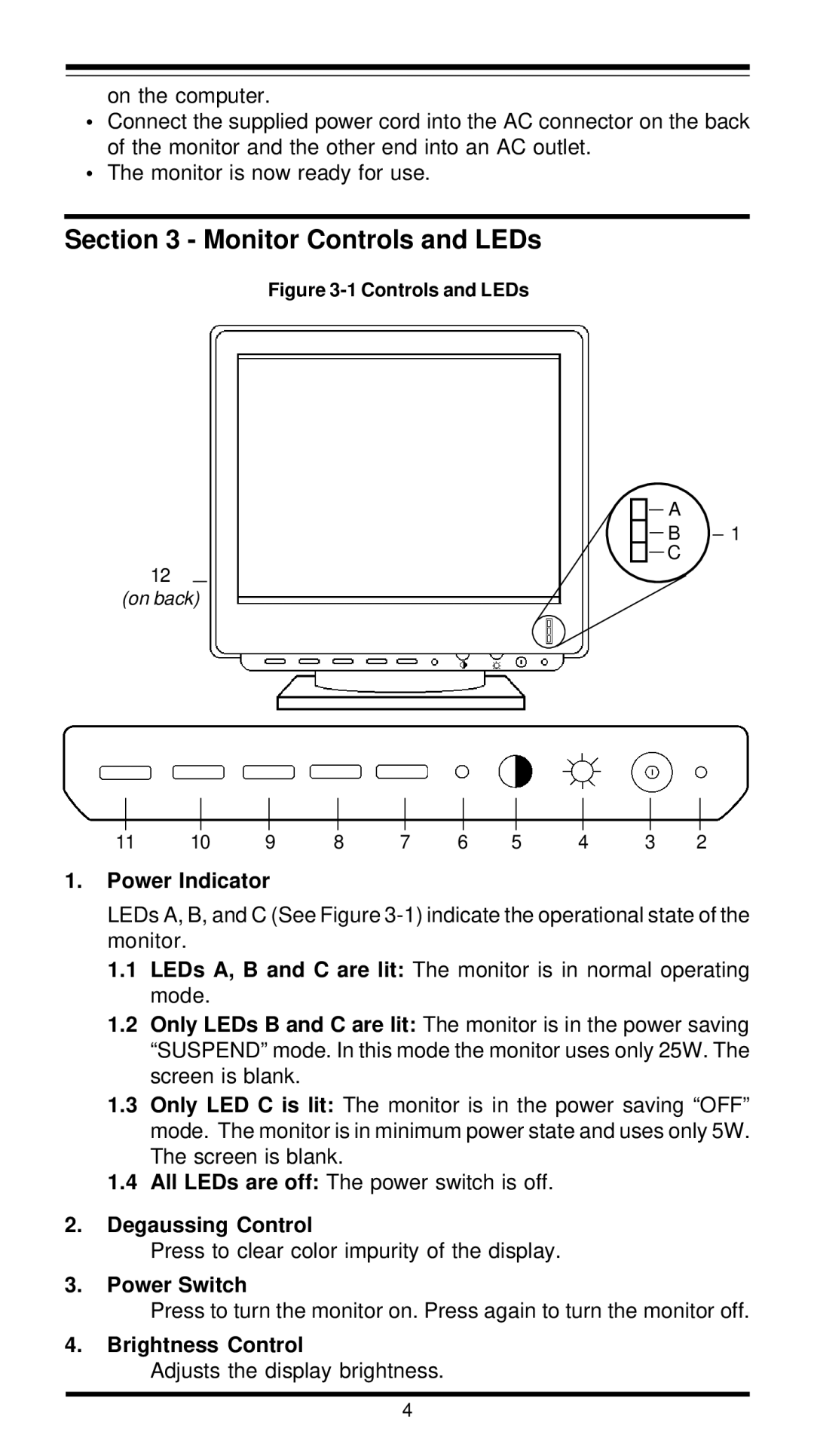 MaxTech XT7800 user manual Monitor Controls and LEDs, Power Indicator, Degaussing Control, Power Switch, Brightness Control 