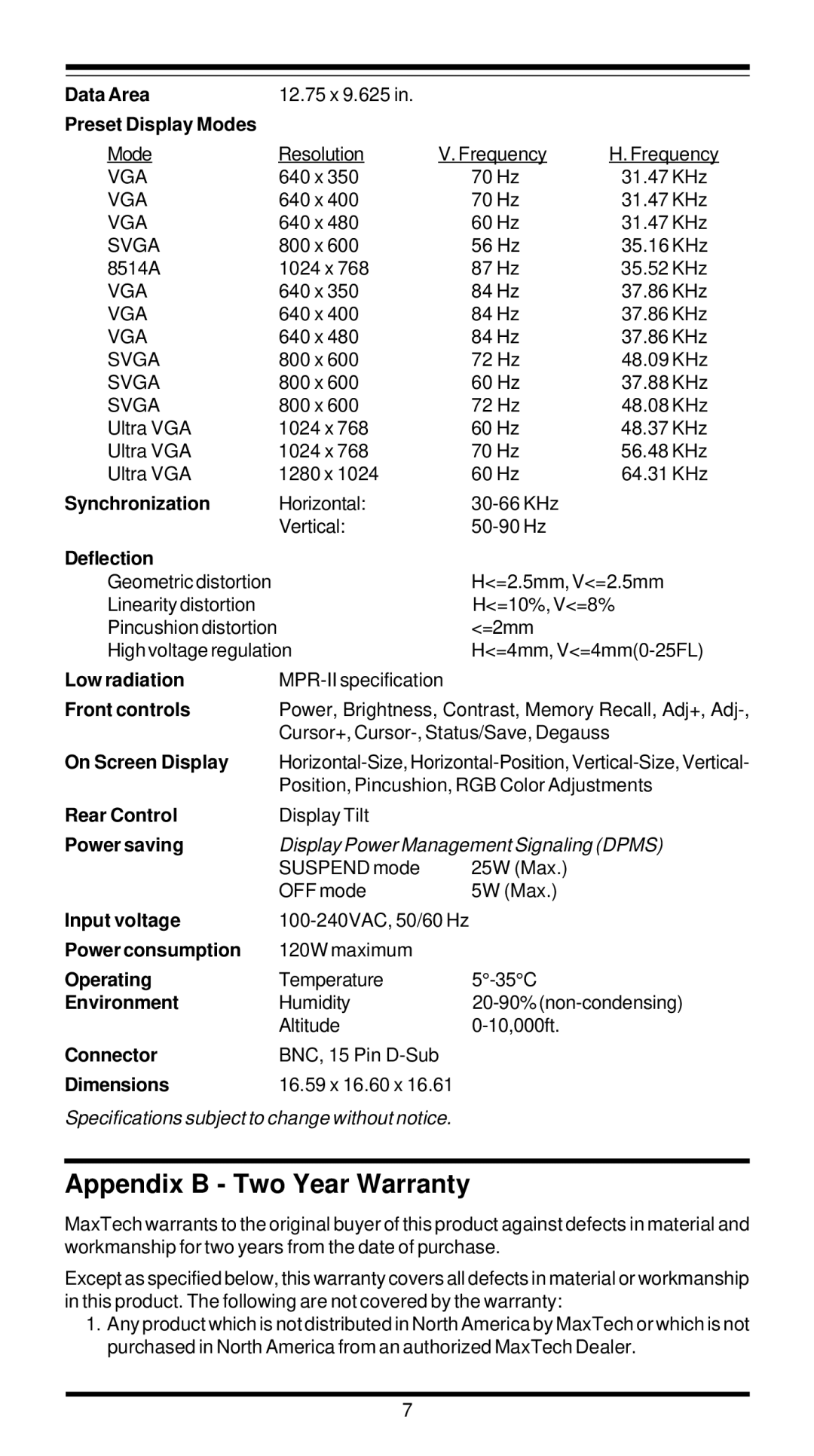 MaxTech XT7800 user manual Appendix B Two Year Warranty, Preset Display Modes 