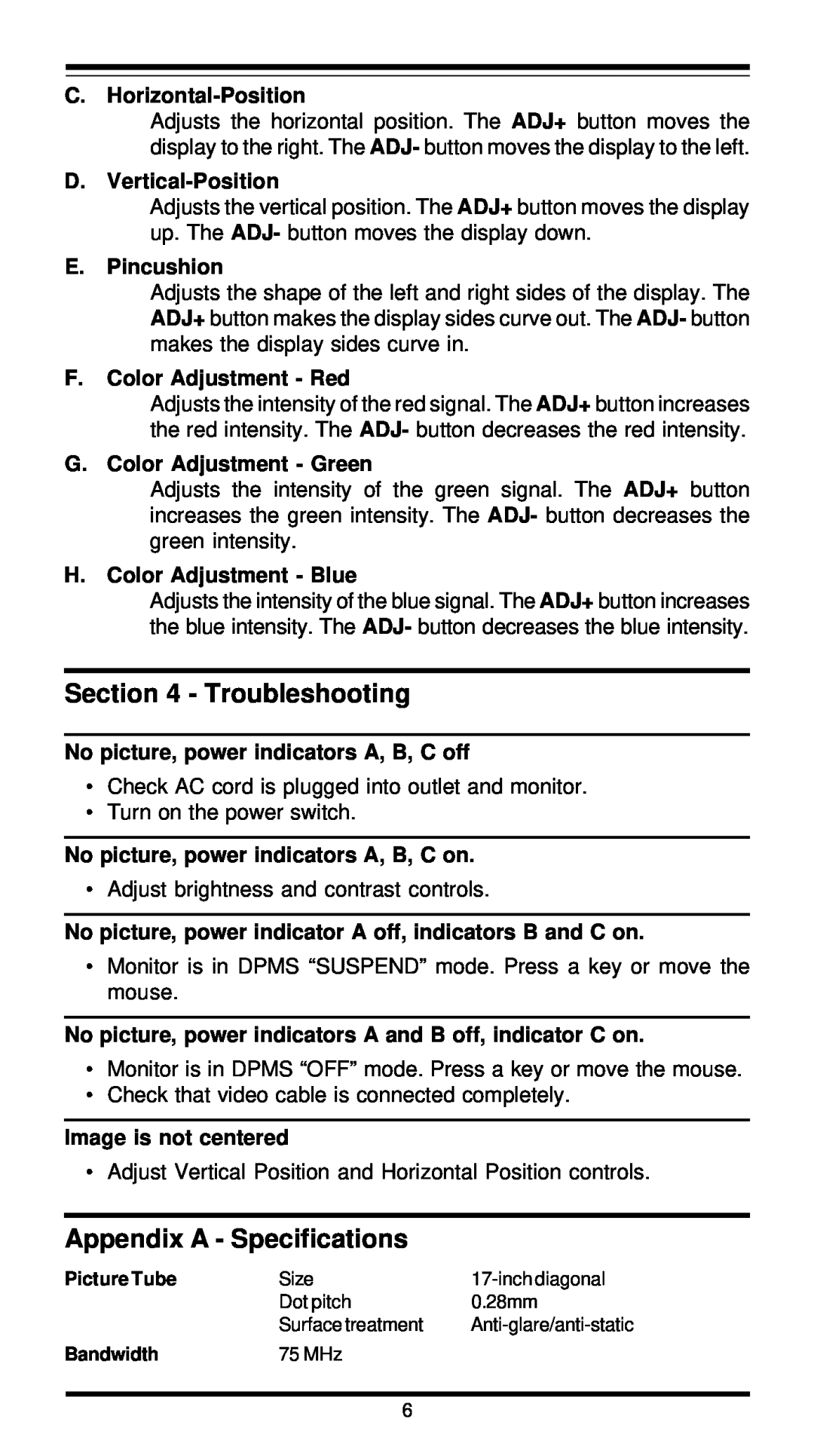 MaxTech XT7800 user manual Troubleshooting, Appendix A - Specifications 