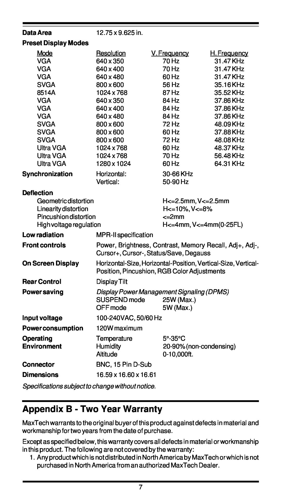 MaxTech XT7800 user manual Appendix B - Two Year Warranty, Display Power Management Signaling DPMS 