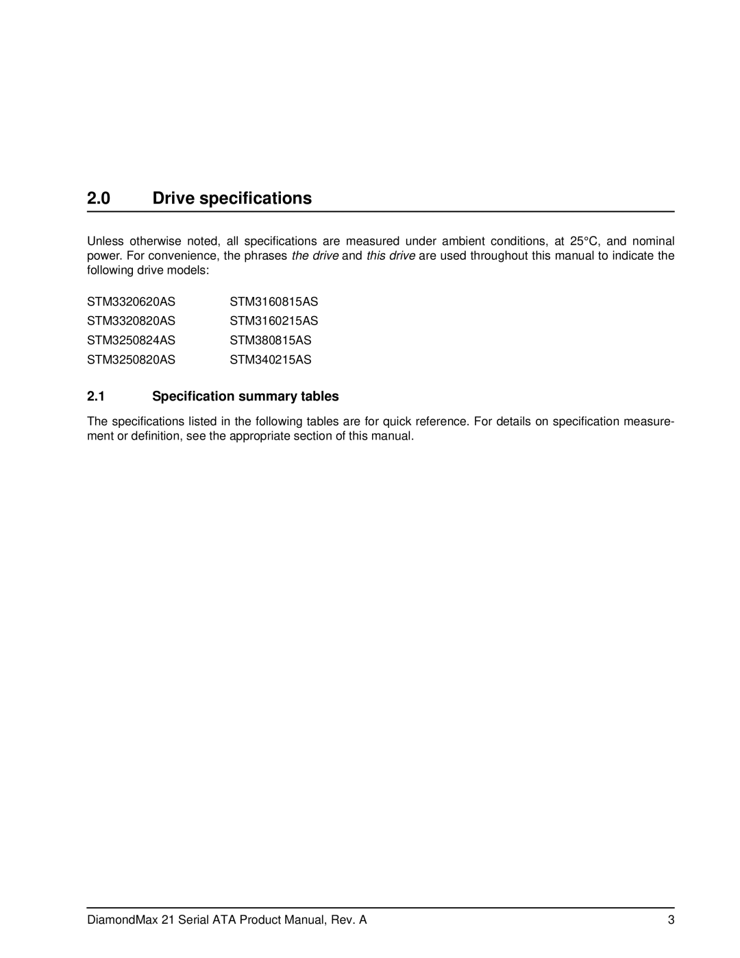 Maxtor 100451230 manual Drive specifications, Specification summary tables 