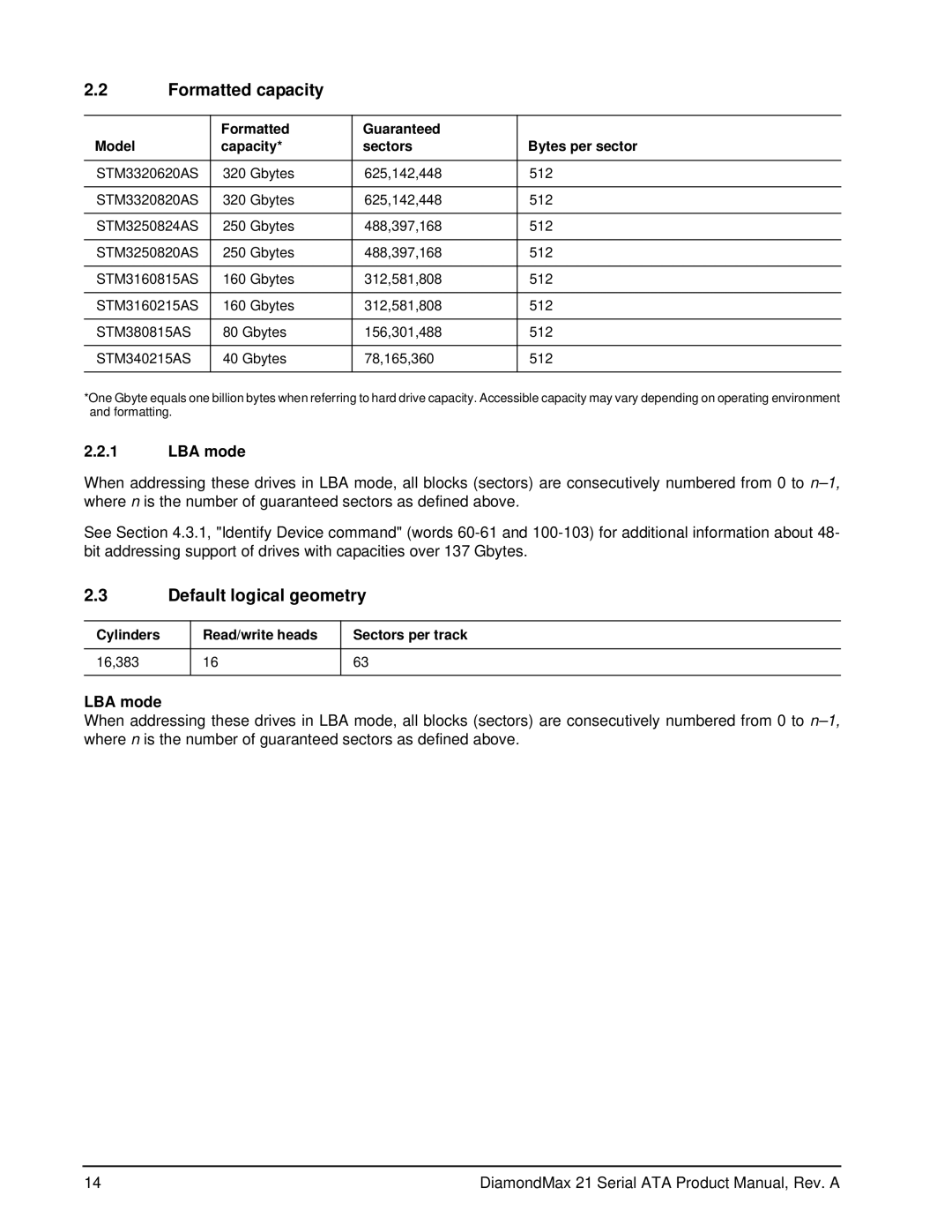 Maxtor 100451230 manual Formatted capacity, Default logical geometry, LBA mode 