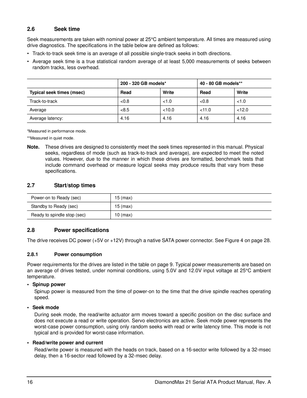 Maxtor 100451230 manual Seek time, Start/stop times, Power specifications 