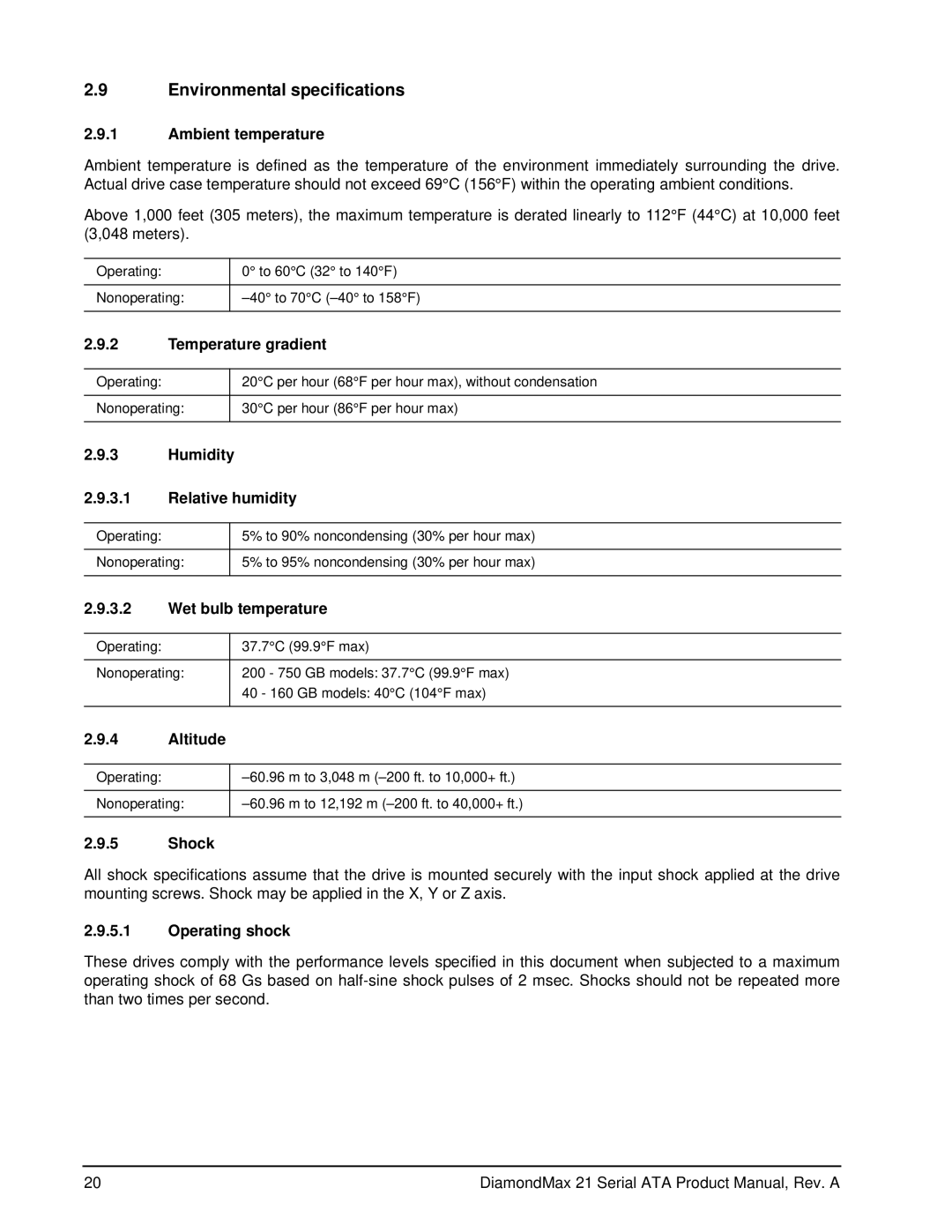 Maxtor 100451230 manual Environmental specifications 