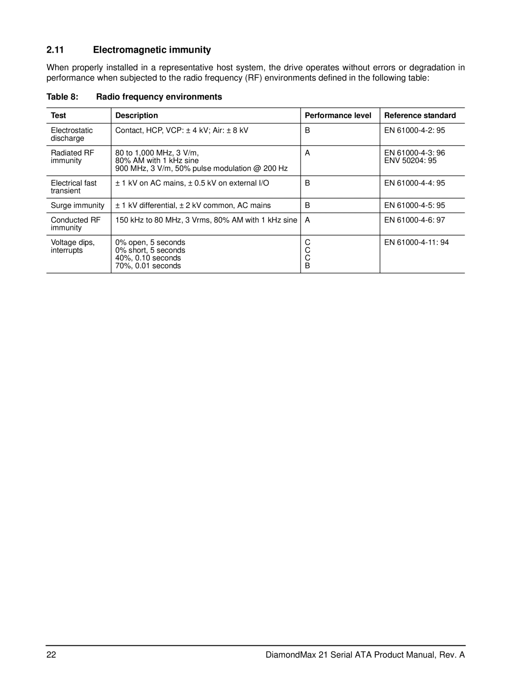 Maxtor 100451230 manual Electromagnetic immunity, Radio frequency environments 