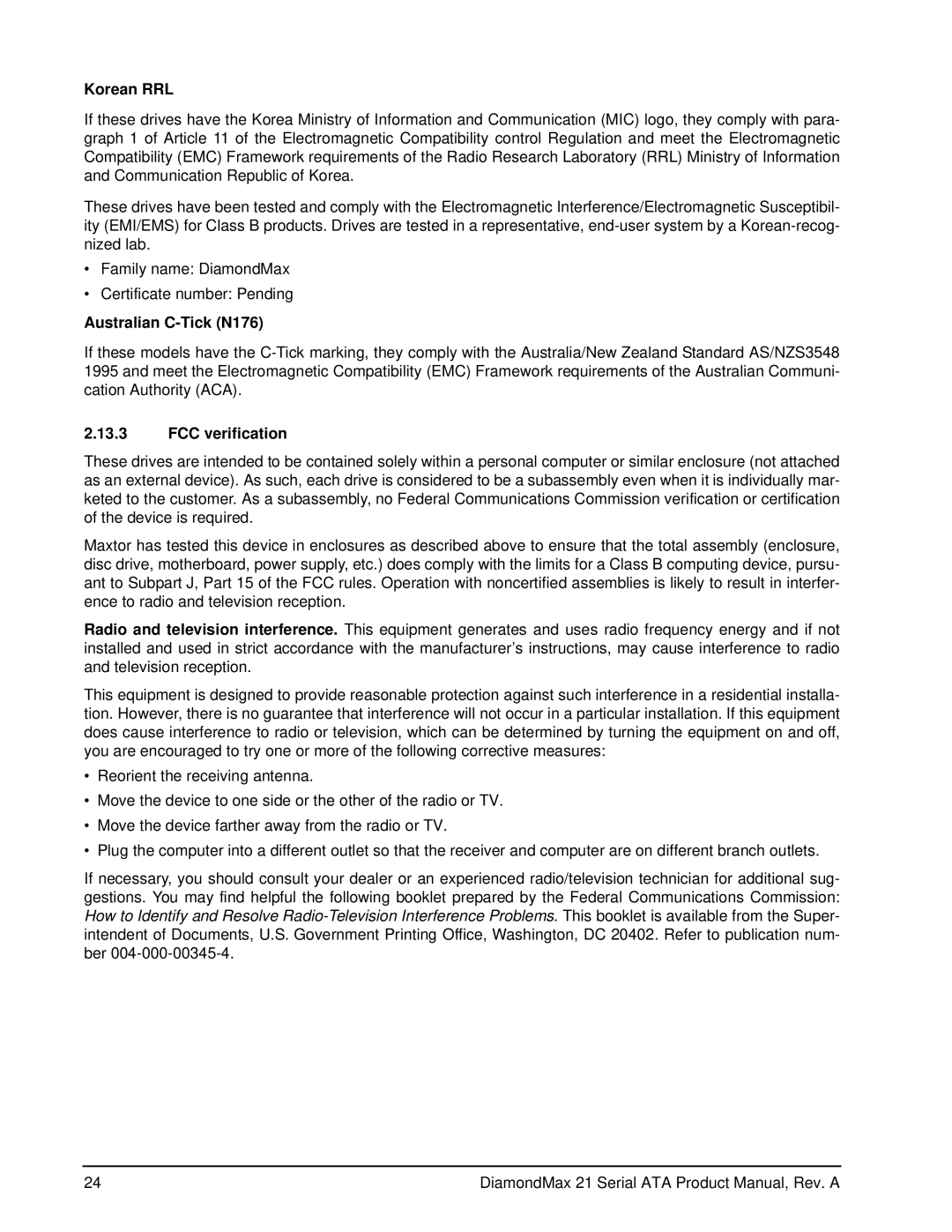 Maxtor 100451230 manual Korean RRL, Australian C-Tick N176, FCC verification 