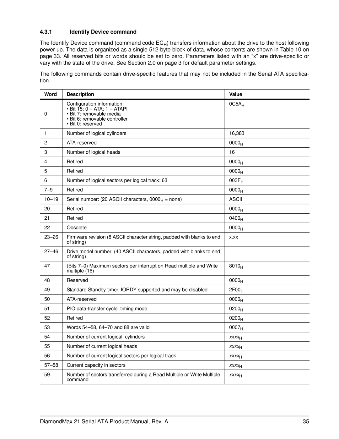 Maxtor 100451230 manual Identify Device command, Word Description Value 