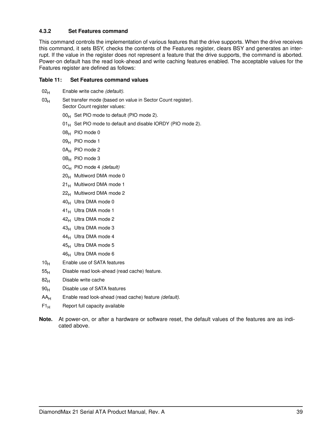 Maxtor 100451230 manual Set Features command values 