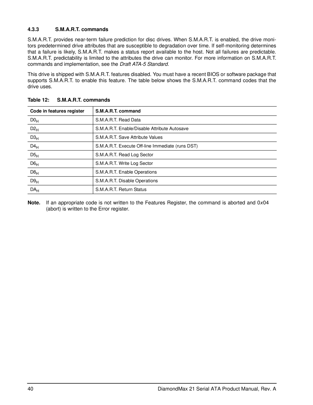 Maxtor 100451230 manual 3 S.M.A.R.T. commands, Code in features register A.R.T. command 