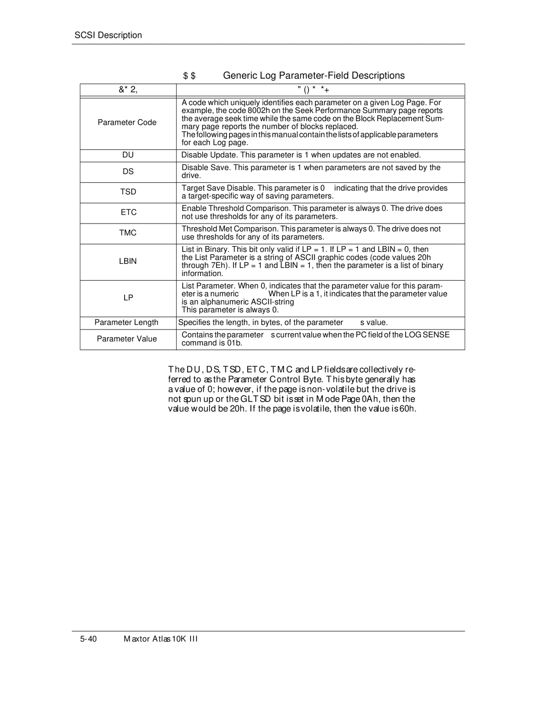 Maxtor 10K III Generic Log Parameter-Field Descriptions, DU, DS, TSD, ETC, TMC and LP fields are collectively re, Tmc 