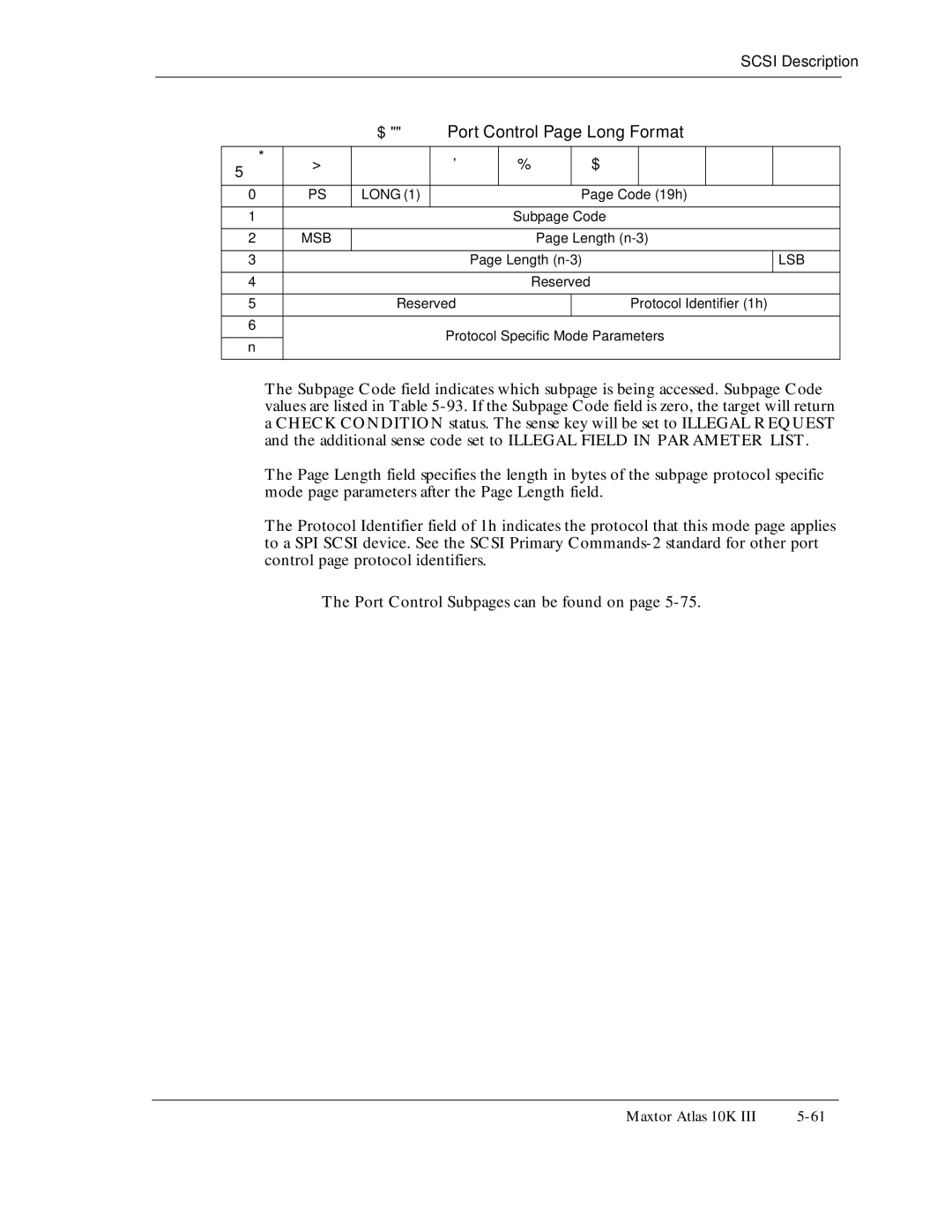 Maxtor 10K III manual Port Control Page Long Format, Subpage Code, Reserved Protocol Identifier 1h 