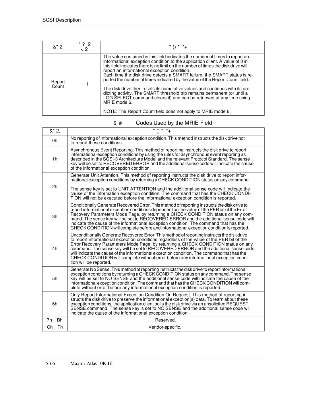 Maxtor 10K III manual Codes Used by the Mrie Field, Report an informational exception condition, Exception condition 