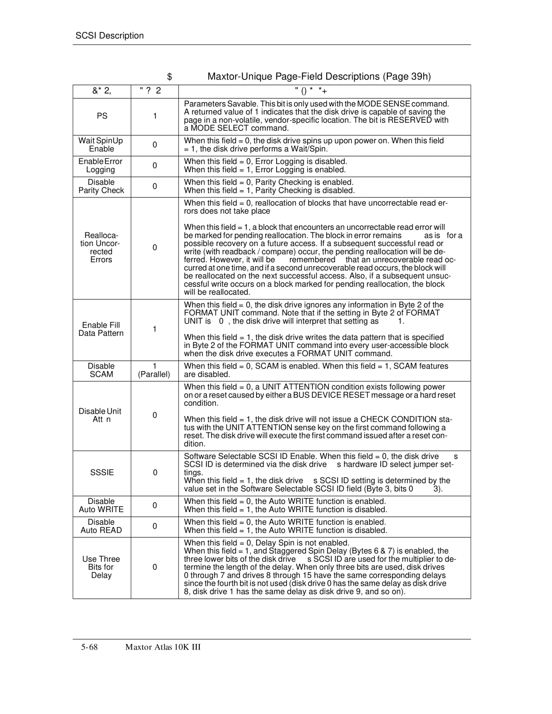 Maxtor 10K III manual Maxtor-Unique Page-Field Descriptions Page 39h, Scam, Sssie 