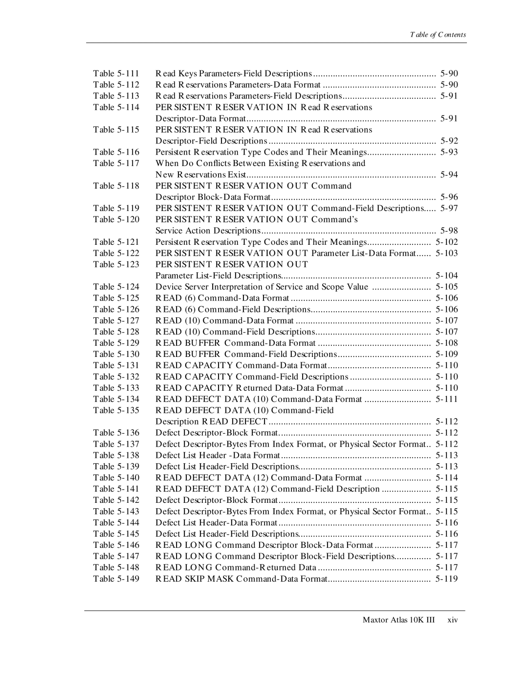 Maxtor 10K III Persistent Reservation in Read Reservations, Persistent Reservation OUT Command, Command-Data Format 114 