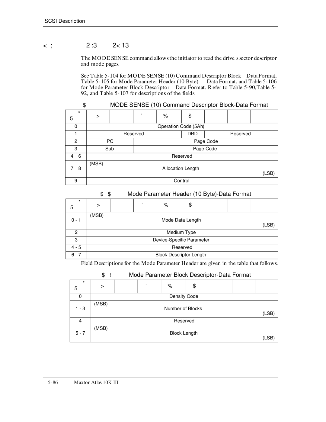 Maxtor 10K III manual 105, 104, 106, Mode Sense 10 Command Descriptor Block-Data Format, Reserved Code Sub 