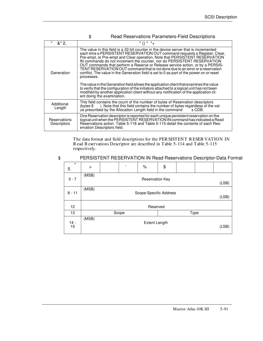 Maxtor 10K III Read Reservations Parameters-Field Descriptions, 11415, Scope-Specific Address, Scope Type, Extent Length 