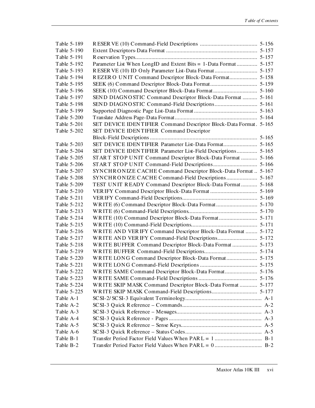 Maxtor 10K III Reserve 10 Command-Field Descriptions 156, 157, 165, Table A-2, Table A-3, Table A-4, Table A-5, Table A-6 