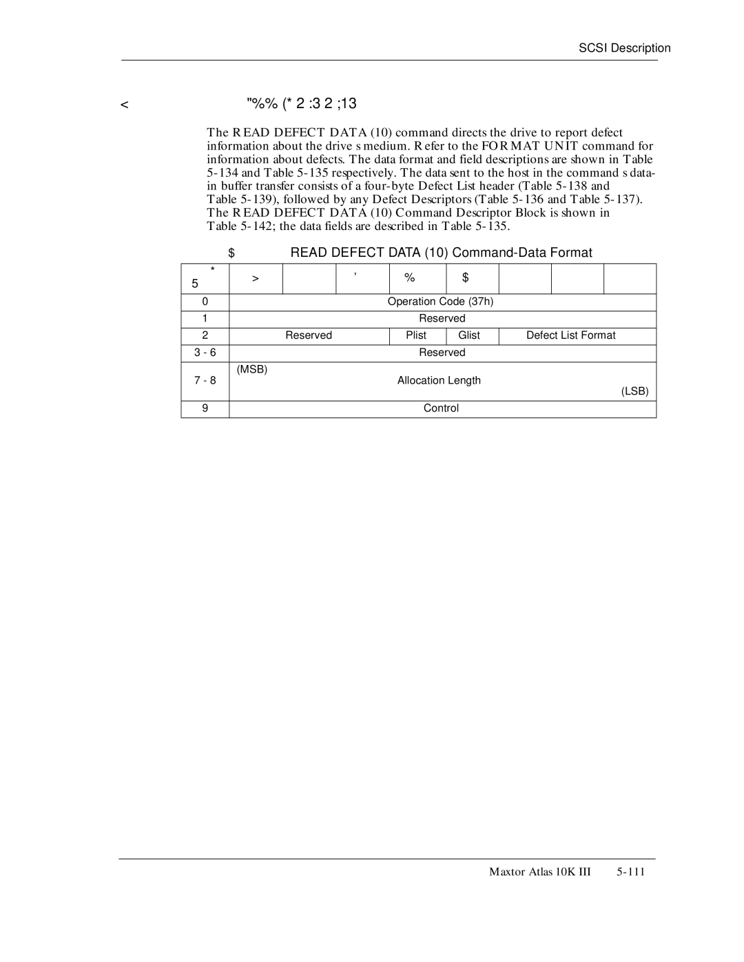 Maxtor 10K III manual 9Table5-134, Read Defect Data 10 Command-Data Format, Reserved Plist Glist Defect List Format 