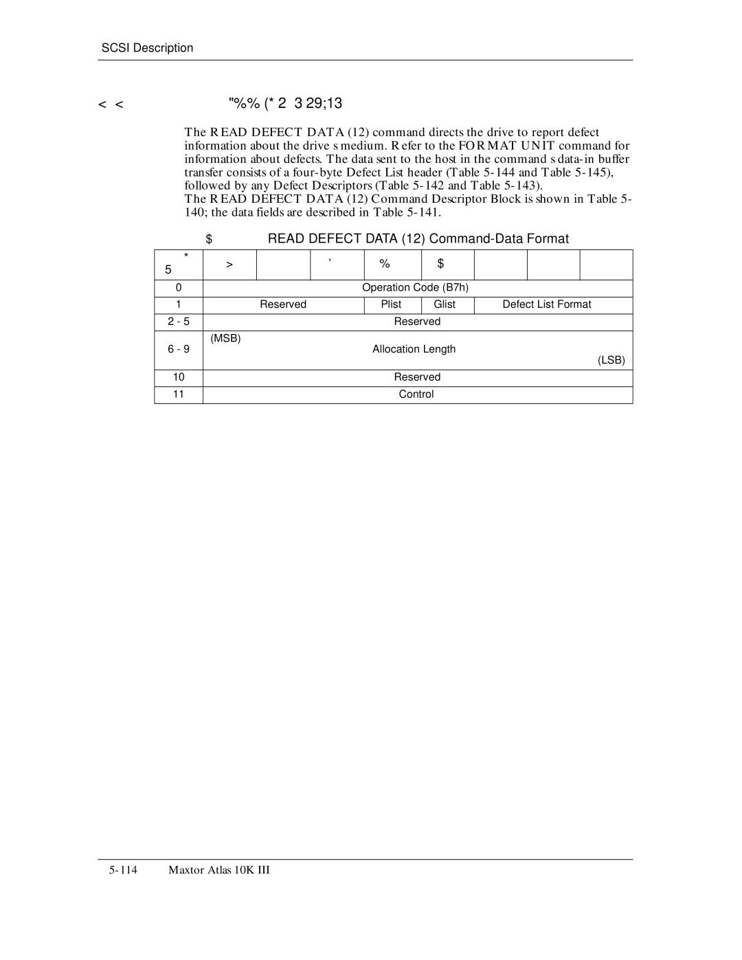 Maxtor 10K III manual 11Table5-140, Read Defect Data 12 Command-Data Format, Plist Glist Defect List Format Reserved 