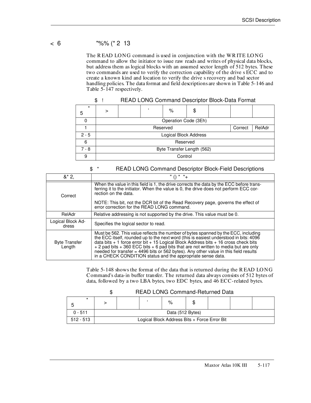 Maxtor 10K III 148, Read Long Command Descriptor Block-Data Format, Read Long Command Descriptor Block-Field Descriptions 