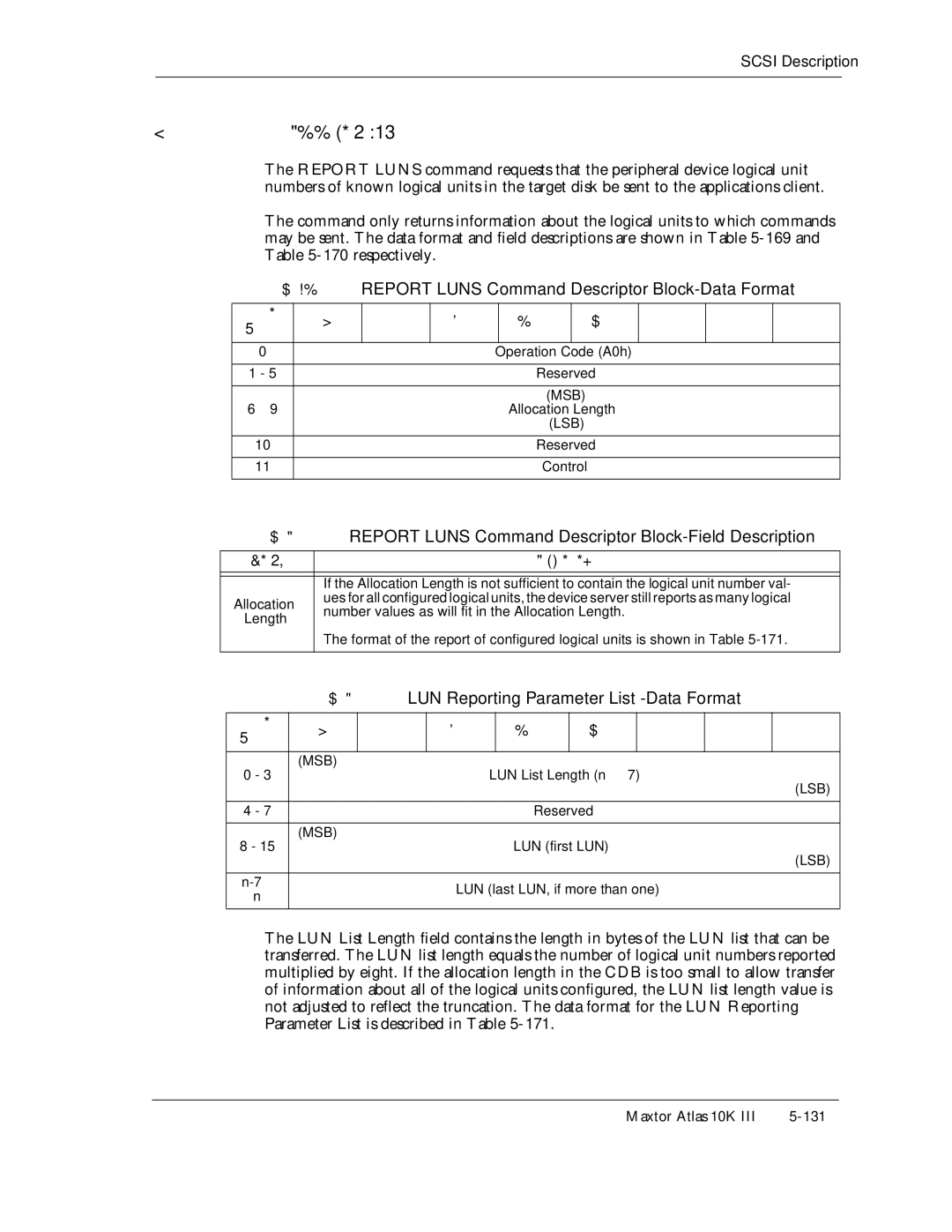 Maxtor 10K III manual 170, Report Luns Command Descriptor Block-Data Format, LUN Reporting Parameter List -Data Format, 169 