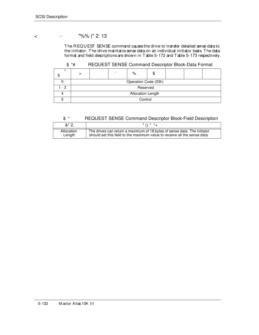 Maxtor 10K III Request Sense Command Descriptor Block-Data Format, Operation Code 03h Reserved Allocation Length Control 