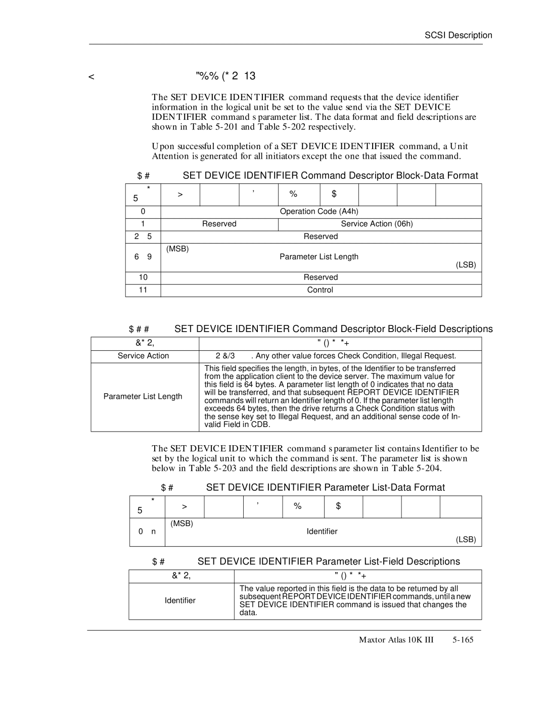 Maxtor 10K III manual TableKGNF5-203, SET Device Identifier Command Descriptor Block-Data Format 