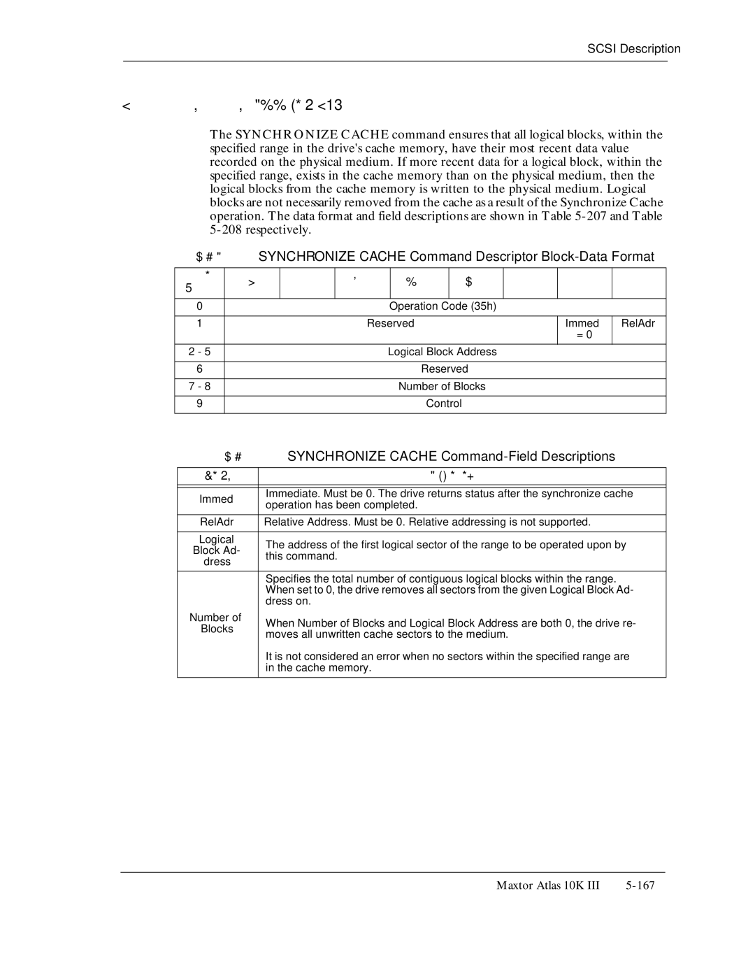 Maxtor 10K III manual 208respectively, Synchronize Cache Command Descriptor Block-Data Format, Table Block5- Ad207 