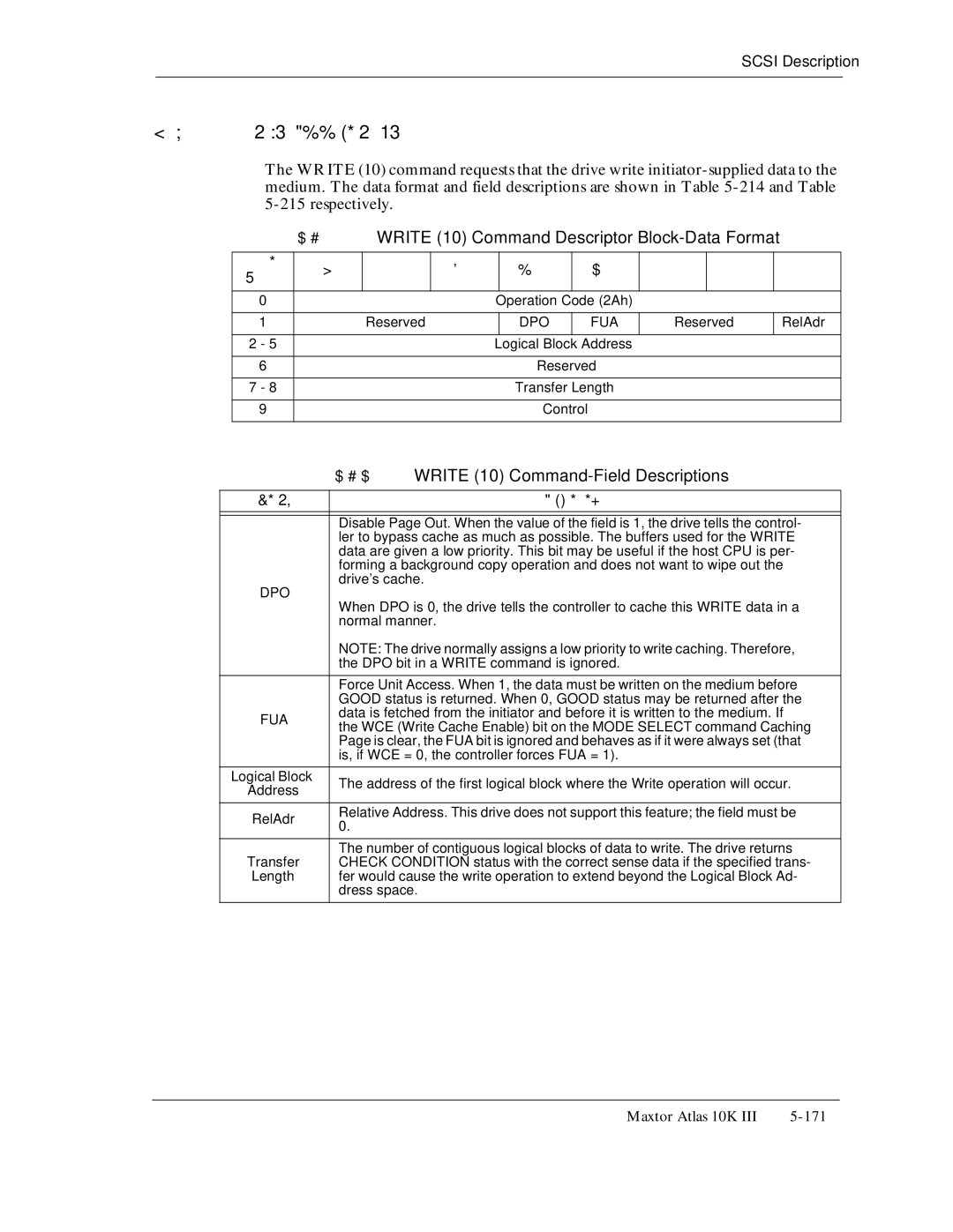 Maxtor 10K III manual Write 10 Command Descriptor Block-Data Format, Operation Code 2Ah Reserved, Drives cache 