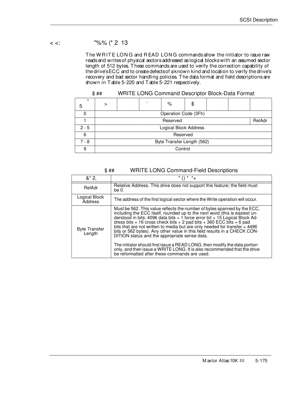 Maxtor 10K III manual Write Long Command Descriptor Block-Data Format, 220 