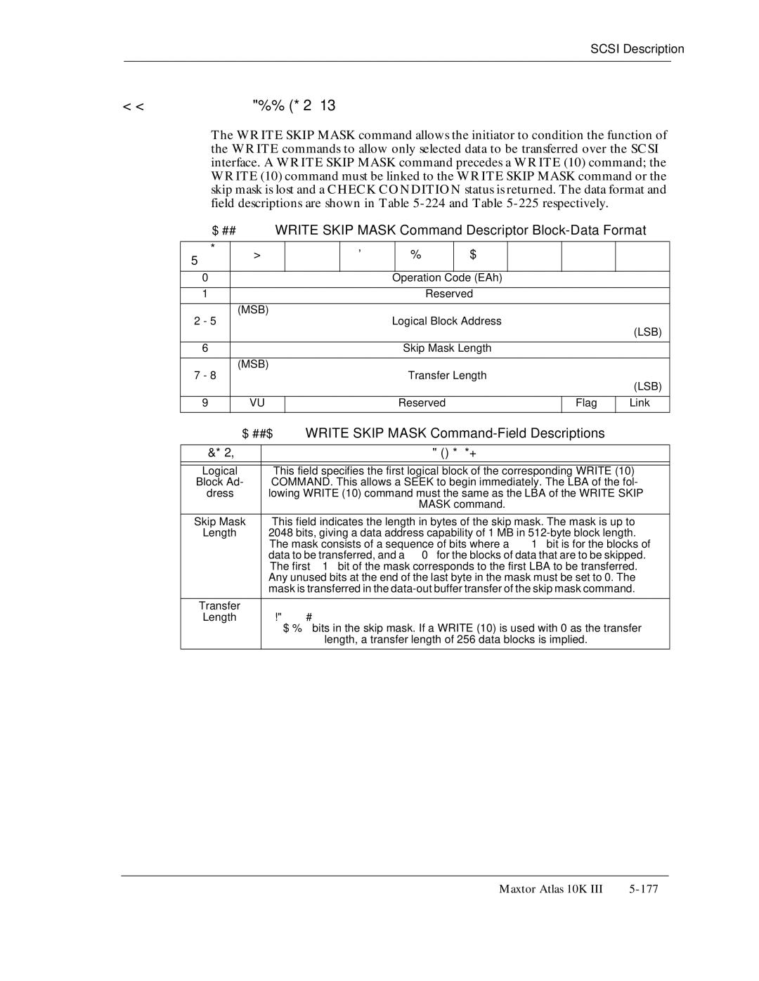 Maxtor 10K III manual Write Skip Mask Command Descriptor Block-Data Format, TableLength5-224, 225, Operation 