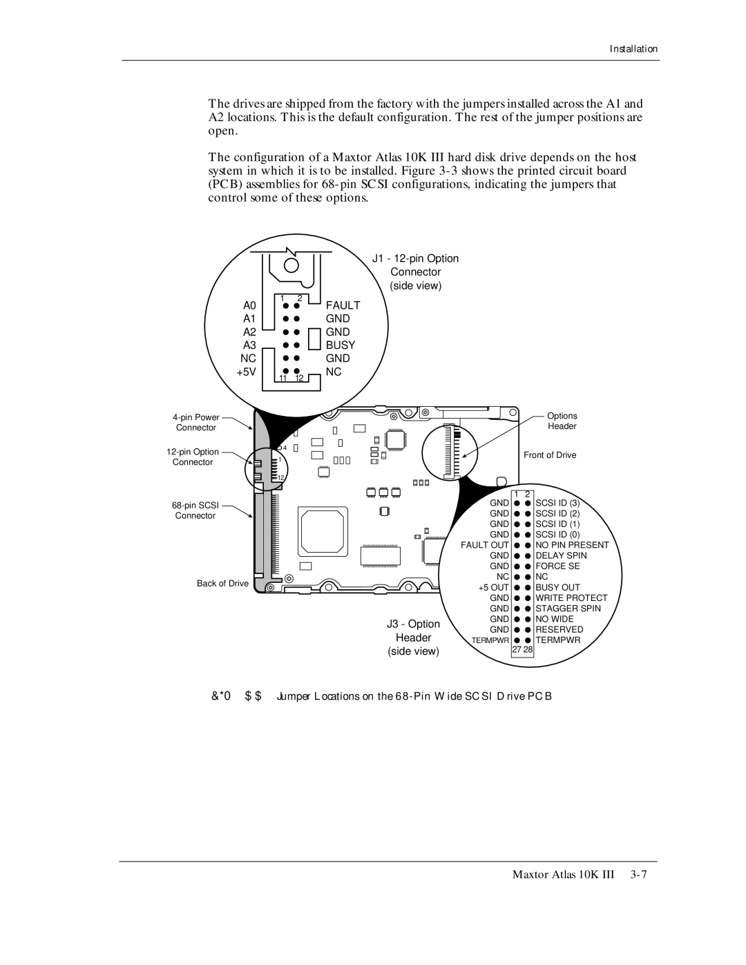 Maxtor 10K III manual Jumper Locations on the 68-Pin Wide Scsi Drive PCB, Fault GND Busy 