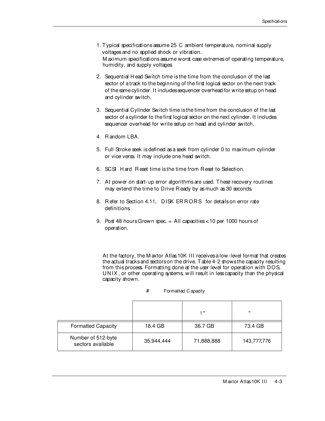 Maxtor 10K III manual Formatted Capacity, Number of 512-byte 