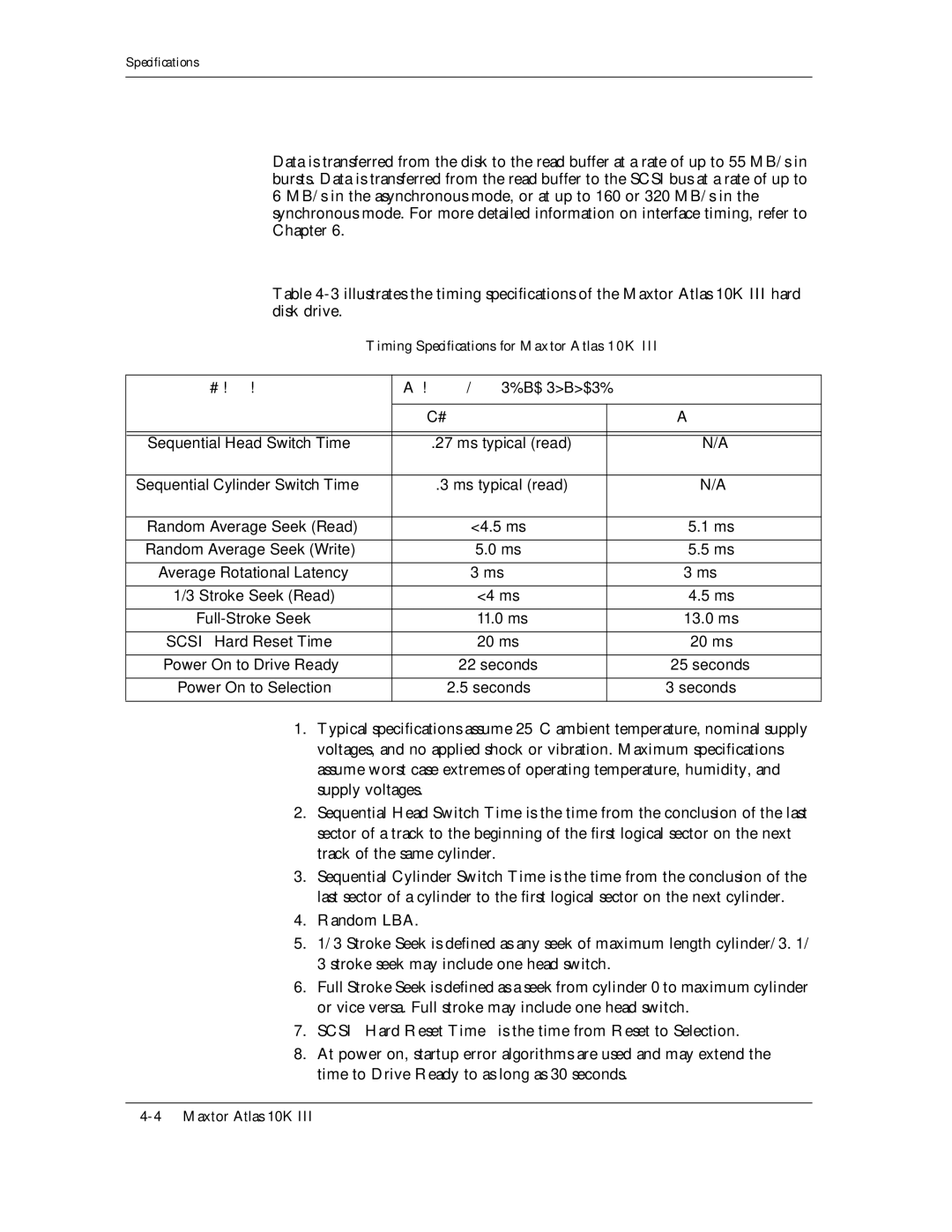 Maxtor 10K III manual Timing Specifications for Maxtor Atlas 10K, Typical, Temperature, nominal supply 