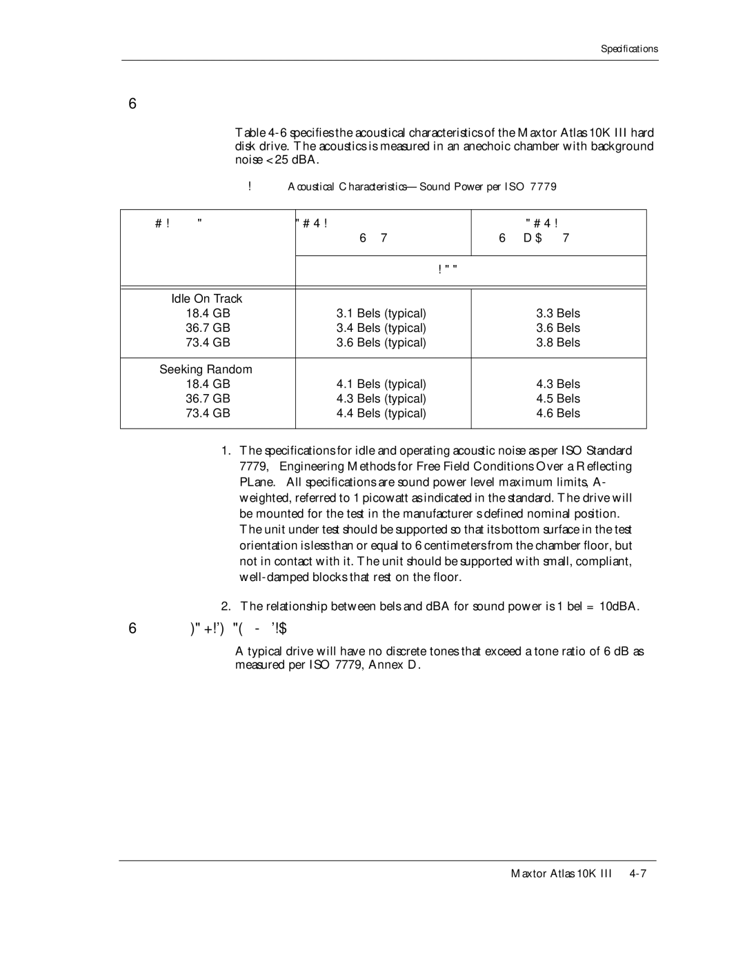 Maxtor 10K III manual Acoustical Characteristics-Sound Power per ISO, ’s defined nominal position, Bels typical 73.4 