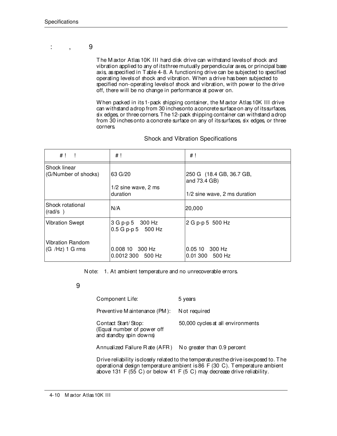 Maxtor 10K III manual Shock and Vibration Specifications, At ambient temperature Unrecoverable errors 