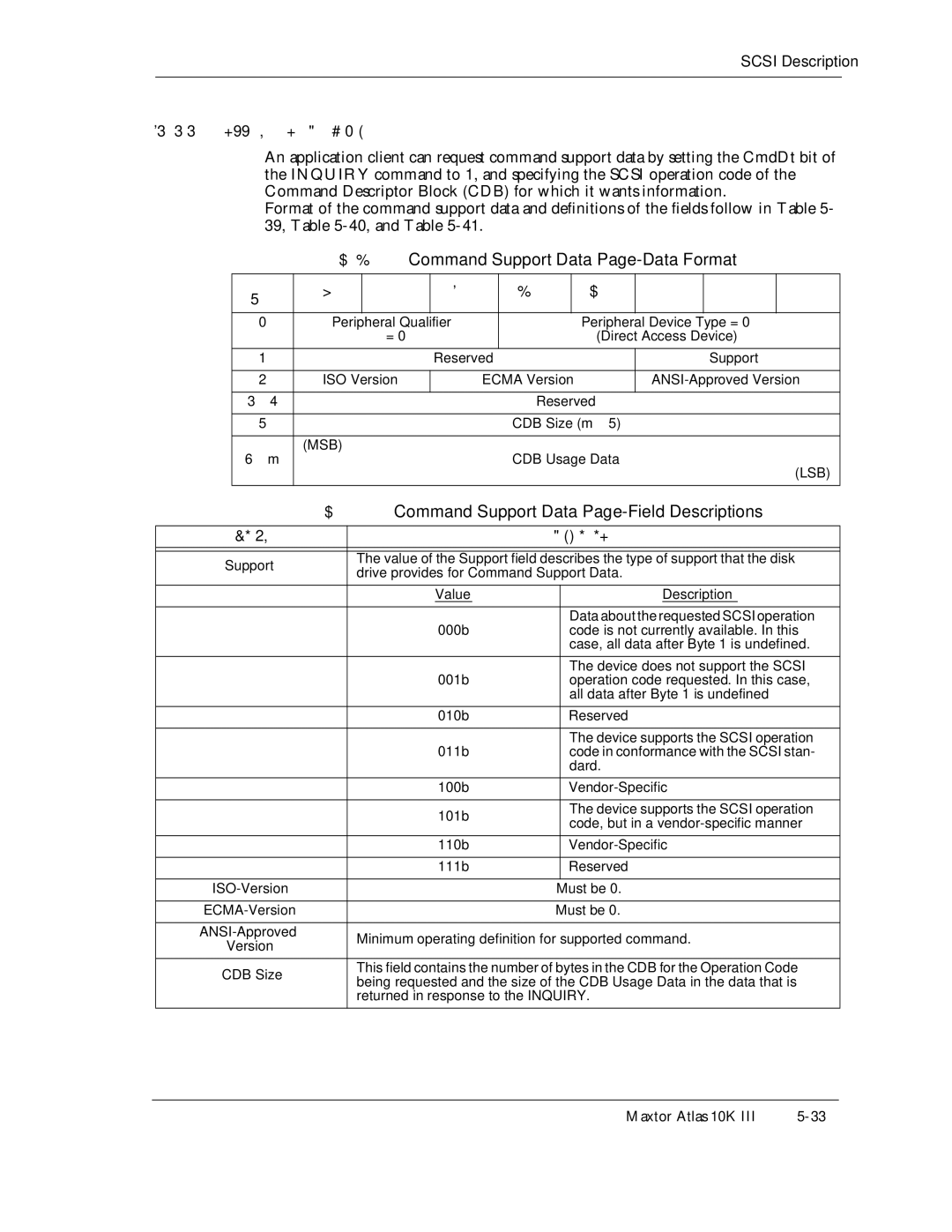 Maxtor 10K III manual $BitVG, Command Support Data Page-Data Format, Lsb, Type of support that the disk 